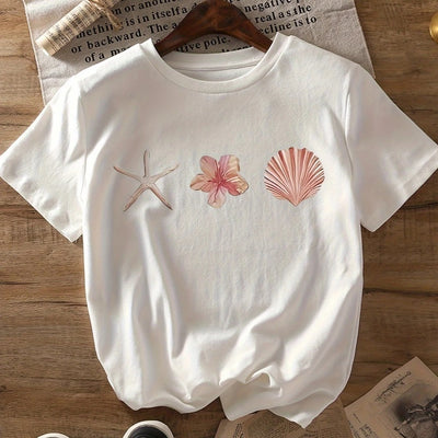 T-shirt casual a maniche corte da donna con stampa stelle marine e conchiglie