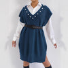 Preppy Style Casual Vest Dress V-neck Beaded Loose