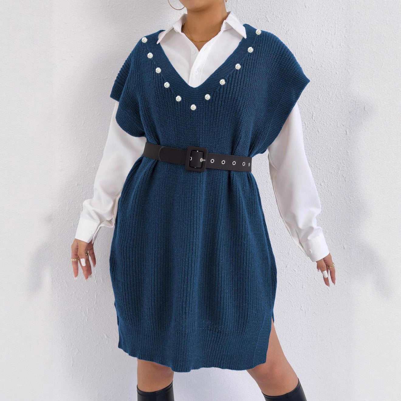 Preppy Style Casual Vest Dress V-neck Beaded Loose