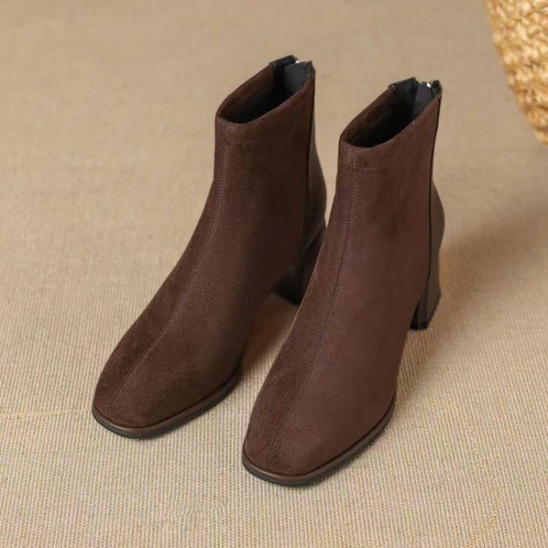 French Style Suede Boots Chunky Heel Thin Women's