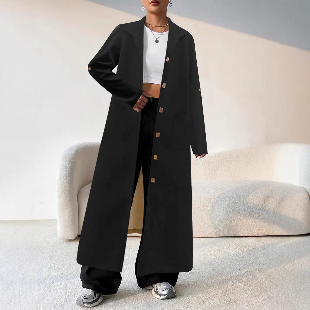 Long Below The Knee Trendy Solid Color Women's Trench Coat