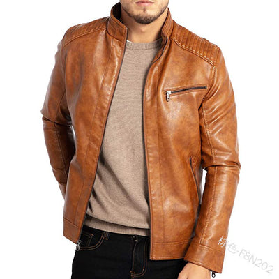 Men's Polyester Stand Collar Punk Motorcycle Leather Jacket