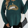 Female Leopard Print Embroidered Sequins Lips Personality Crew Neck Pullover Sweater