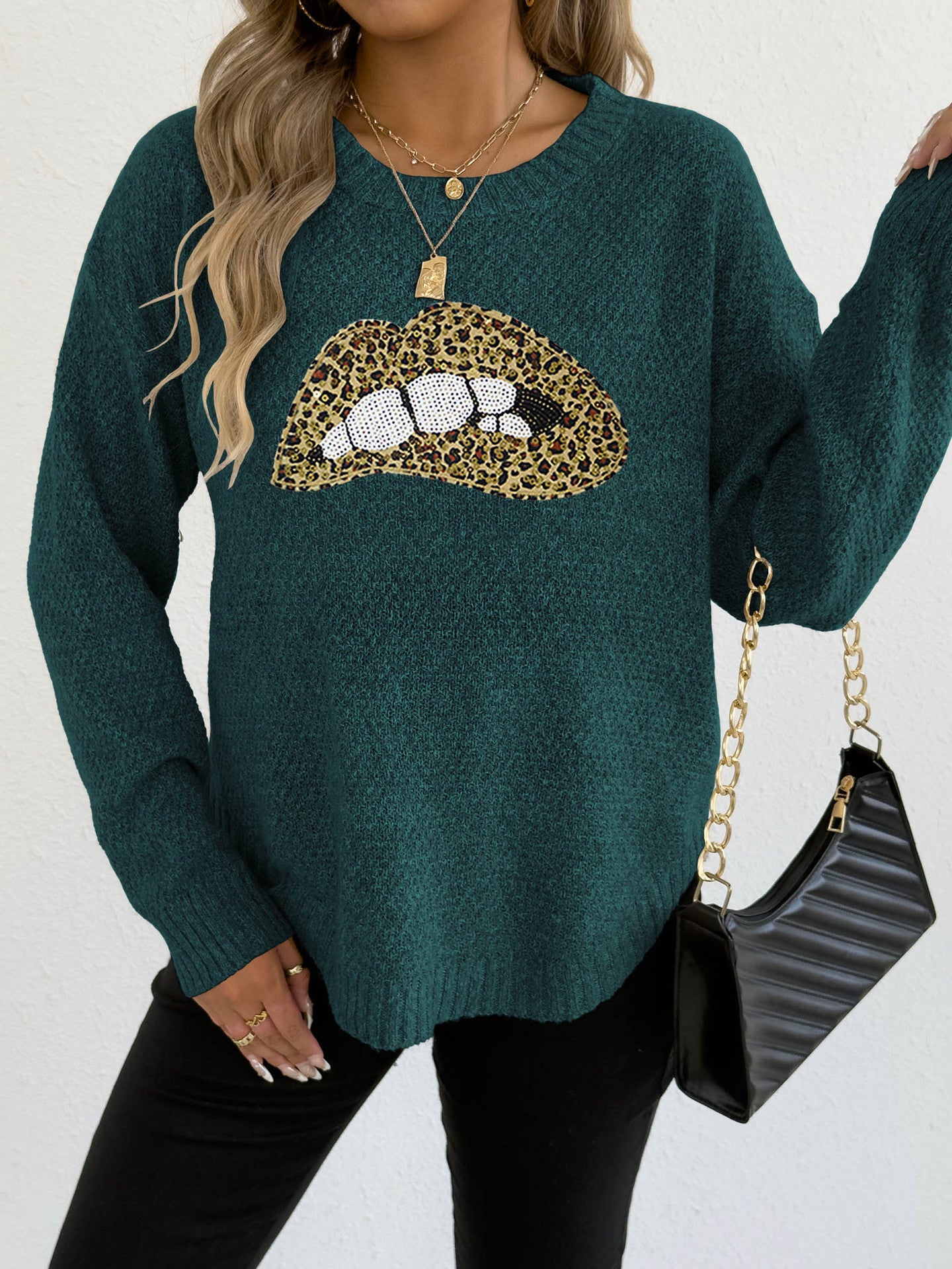 Female Leopard Print Embroidered Sequins Lips Personality Crew Neck Pullover Sweater