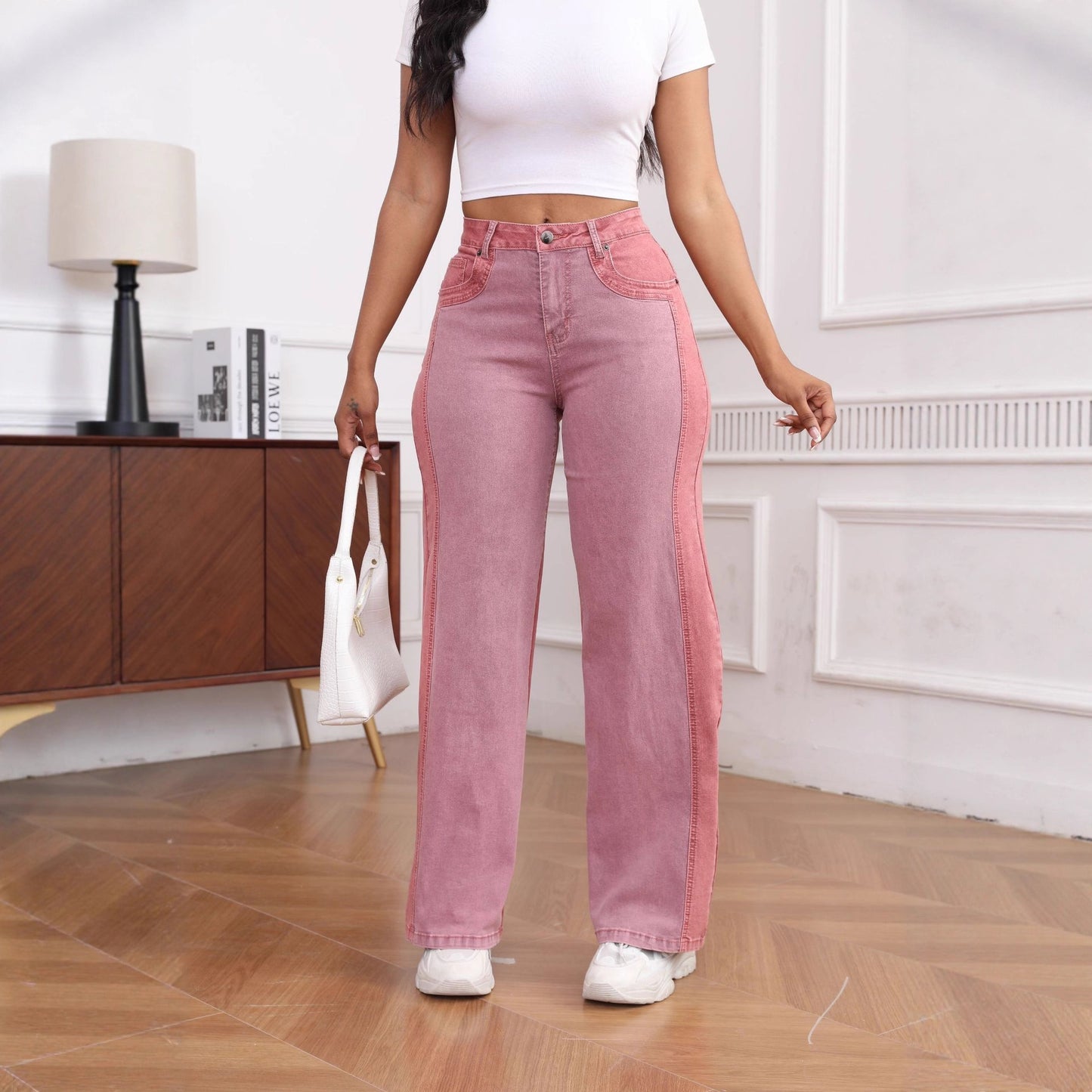 Pantaloni da donna in denim elasticizzato slim-fit a gamba larga con inserti a pannello