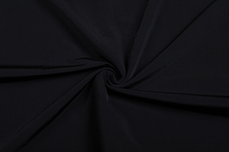 Vestito Lungo Nero Senza Schienale con Maniche Lunghe, Decorazione a Nappe e Fiori Vuoti