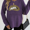 Female Leopard Print Embroidered Sequins Lips Personality Crew Neck Pullover Sweater