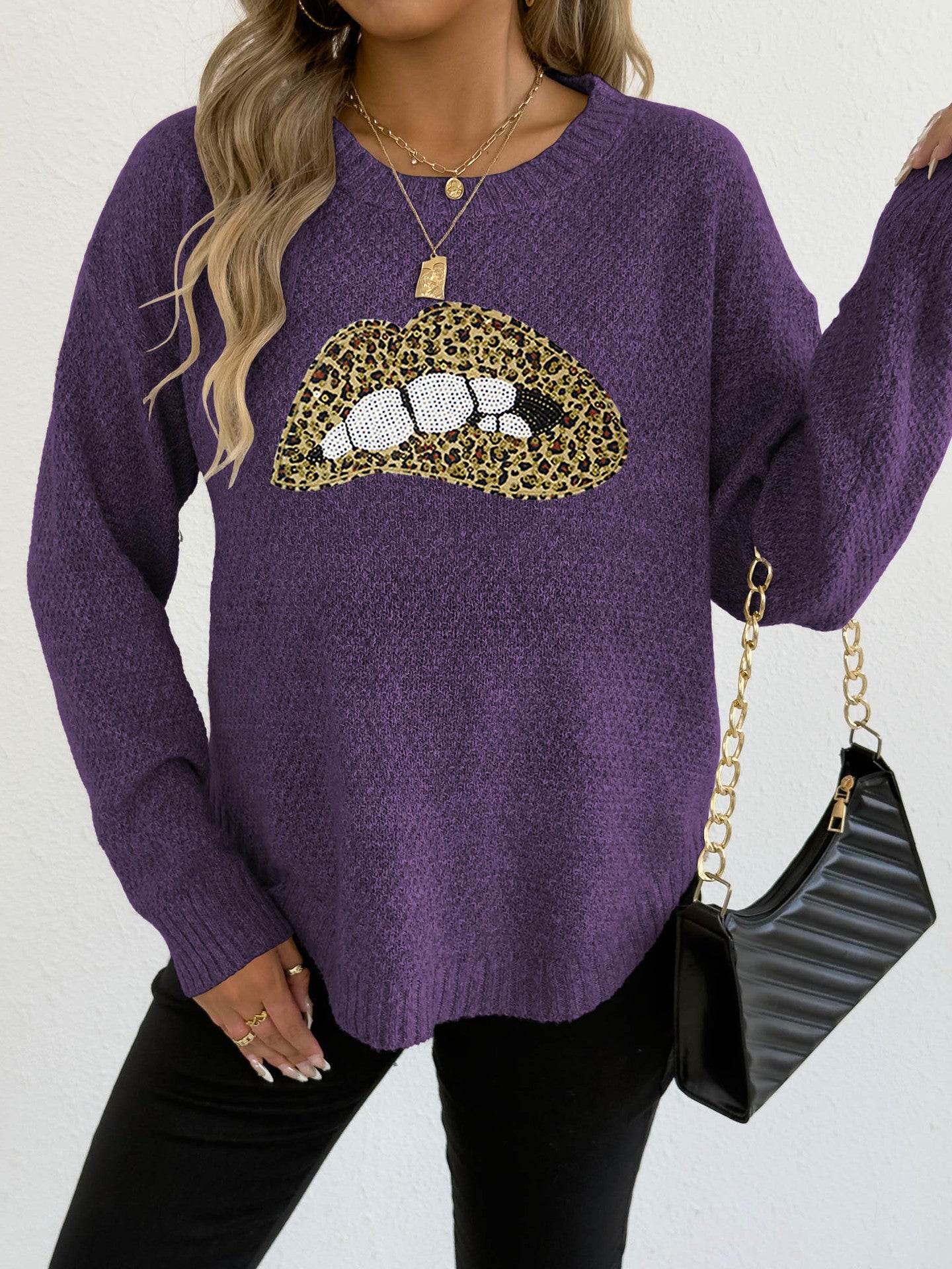 Female Leopard Print Embroidered Sequins Lips Personality Crew Neck Pullover Sweater