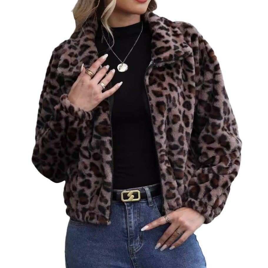 Women's Autumn And Winter Loose Long-sleeve Zipper Leopard Print Plush Coat