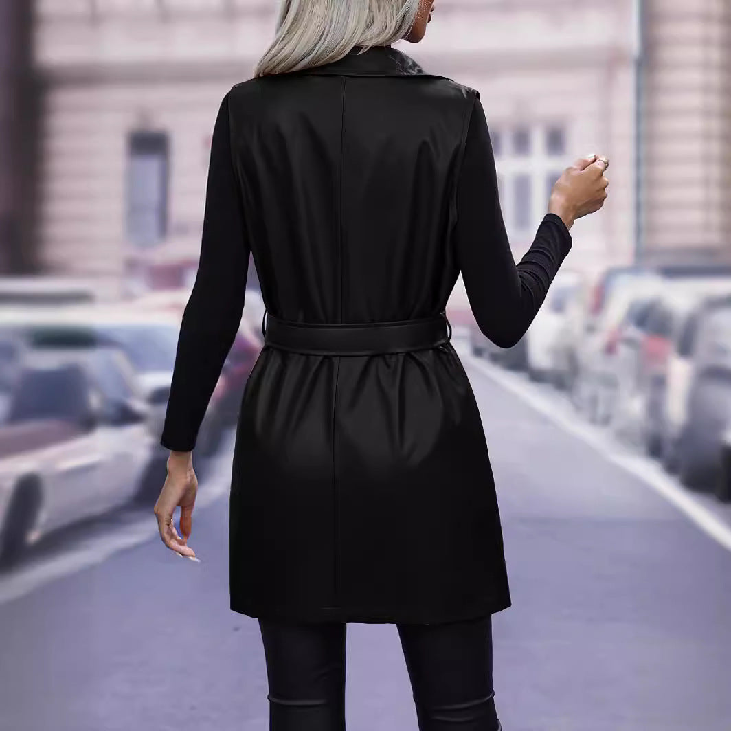 Giacca gilet con cinturino in pelle PU per donna