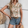 Top da donna con scollo a V, maniche corte a volant