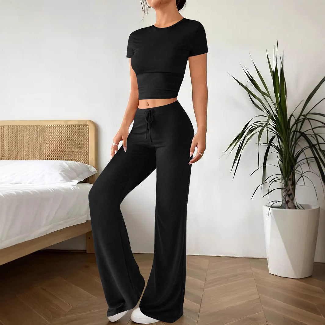 High Waist Pure Color Trousers Short Sleeve T-shirt Suit