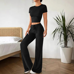 High Waist Pure Color Trousers Short Sleeve T-shirt Suit