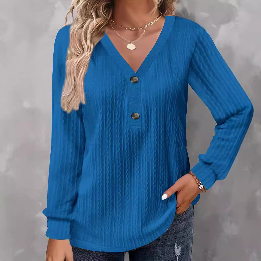 Camicia casual chic a maniche lunghe con scollo a V e bottoni in tinta unita