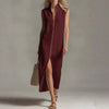 Sleeveless Zippered Stand Collar Fashionable Slit Casual Dress