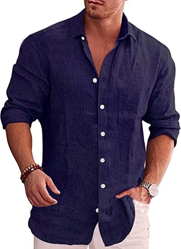 Men's Loose Plus Size Solid Color Shirt Linen Lapel Long Sleeve Casual Shirt
