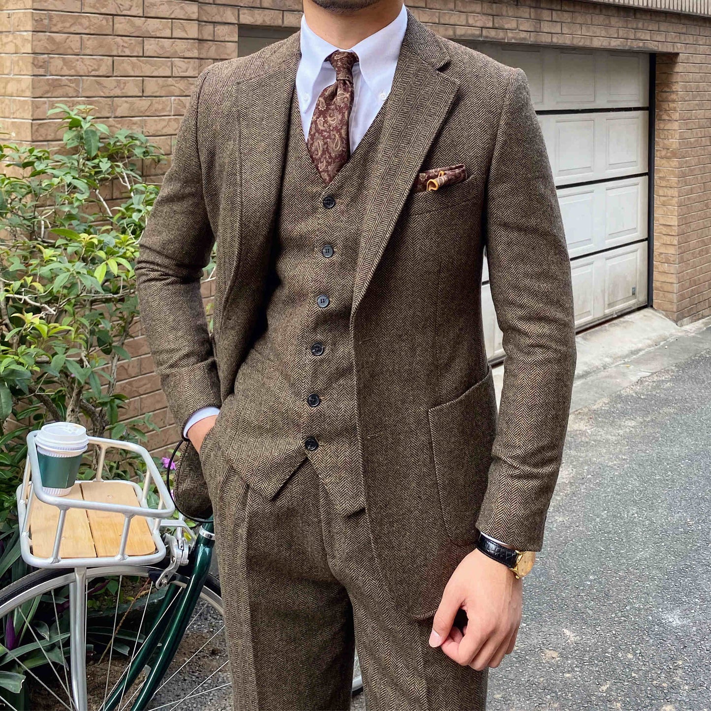 Abiti da uomo slim fit in lana a spina di pesce retrò Autunno Inverno