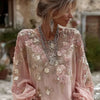 Top in lino ampio ricamato a rose, stile retrò bohémien