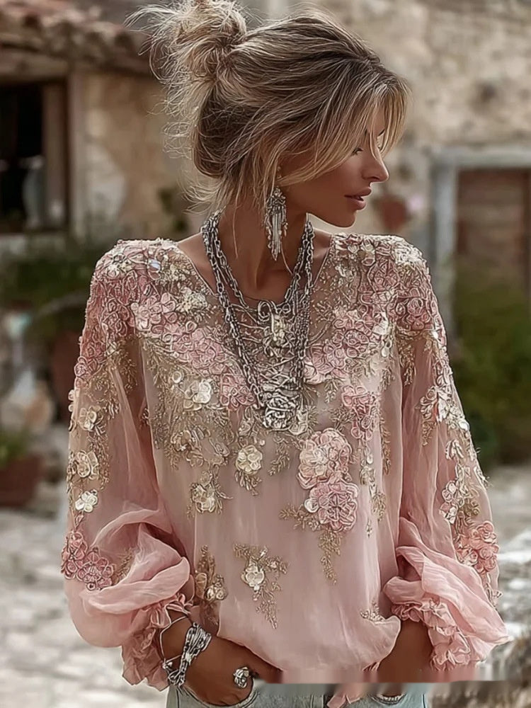 Top in lino ampio ricamato a rose, stile retrò bohémien