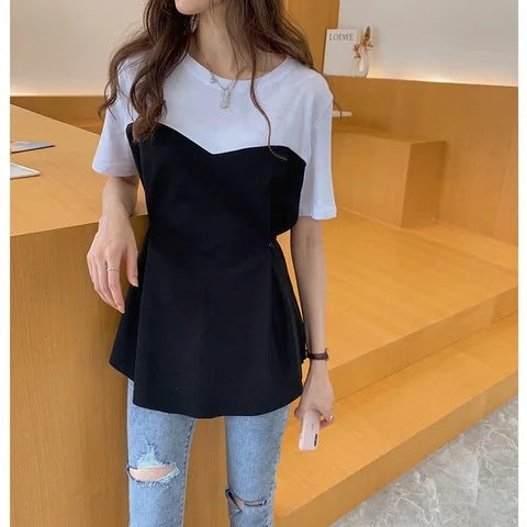 All-matching Graceful Fake Two-piece Mid-length Short-sleeved T-shirt