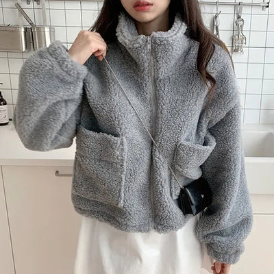 Retro Half Turtleneck Zipper Large Pocket All-matching Thick Warm Coat