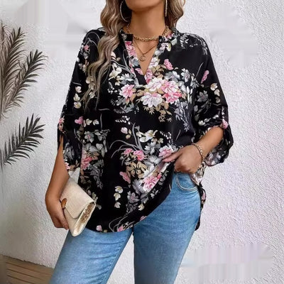 Womens Loose Top With Floral Print Long Sleeves And Ruched Details
