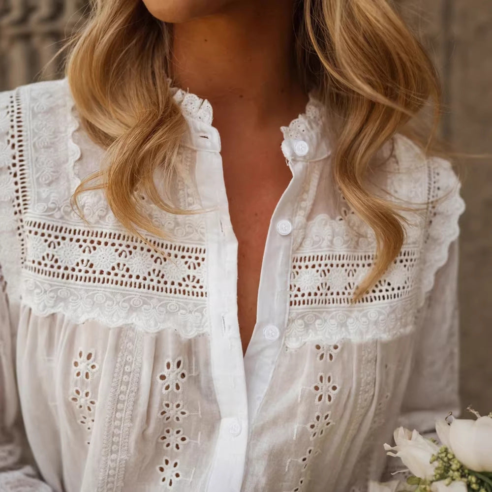 Top da donna ricamato traforato a tinta unita stile resort