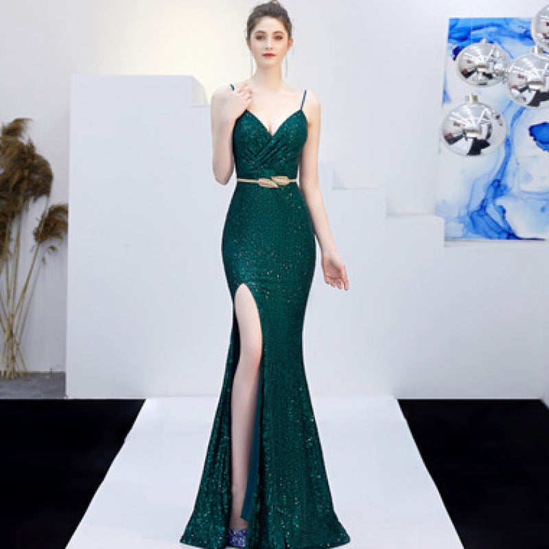 Nuovo Banchetto Elegante Riunione Annuale Lungo Host Profondo V Sexy Abito da Sera a Sirena con Paillettes