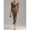 Long Sleeve Pleated Long Slit Velvet Sheath Dress