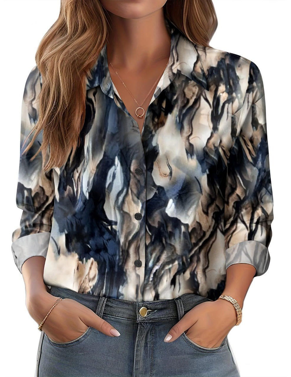 Womens 3D-printed Floral Loose-fit Blouse