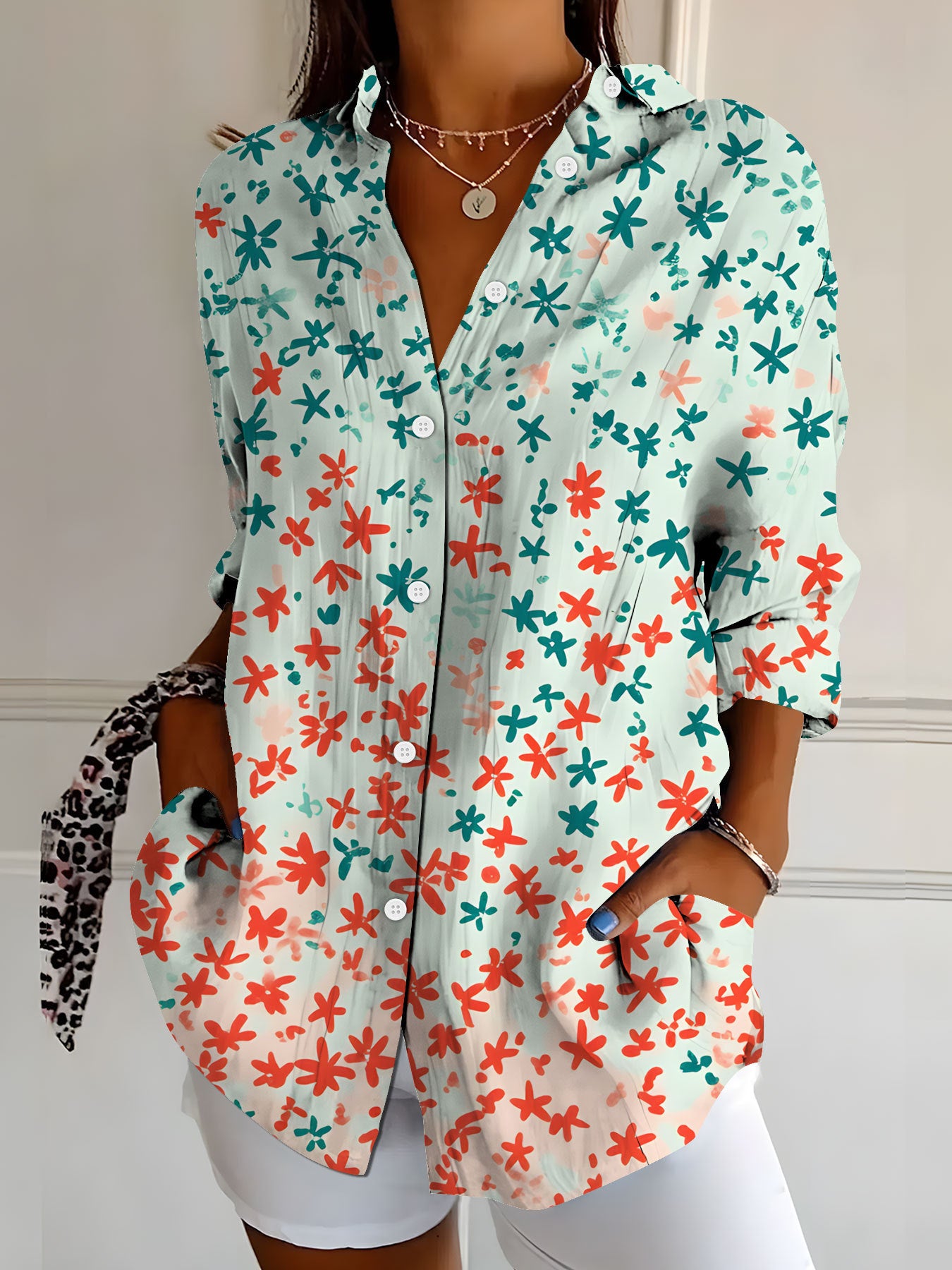 Camicia da donna a maniche lunghe, stampa floreale retrò ed elegante