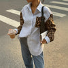 Nuovo top camicia patchwork con stampa leopardata dalla vestibilità morbida