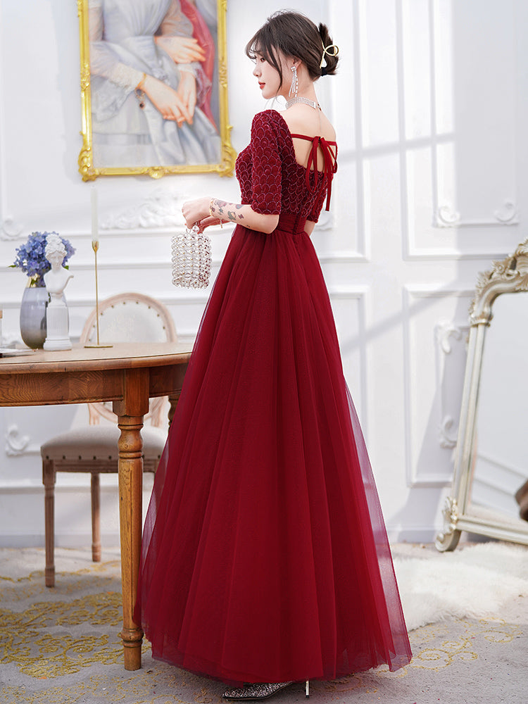 Vestito da sera bordeaux lungo da donna con maniche lunghe