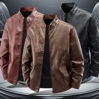 Men's Motorcycle Leather Coat Spring And Autumn Solid Color Stand Collar