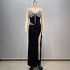 Abito lungo da donna nero a fascia aderente con strass a caldo