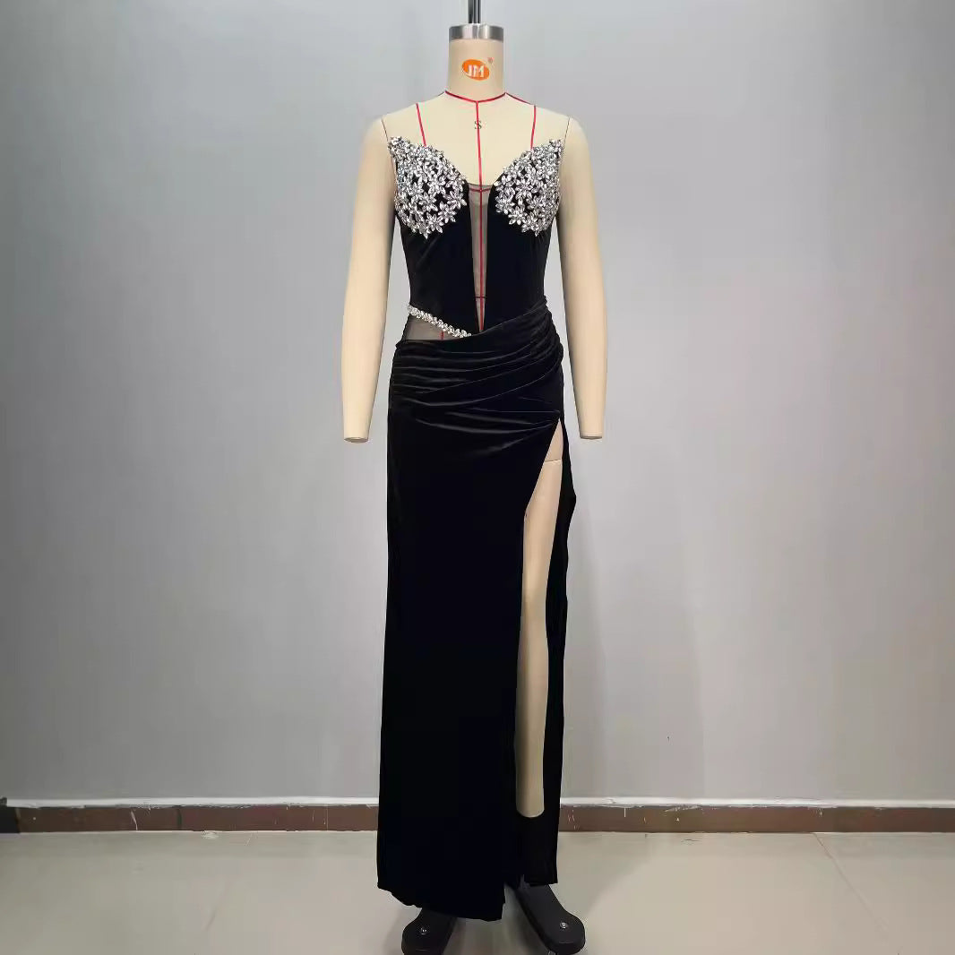 Abito lungo da donna nero a fascia aderente con strass a caldo