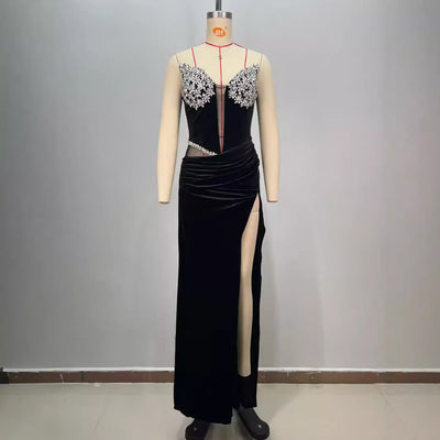 Abito lungo da donna nero a fascia aderente con strass a caldo