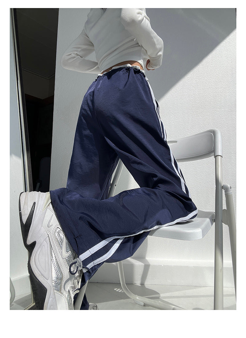 Ribbon Parallel Bars Contrast Color Loose Straight Slimming Draping Pants