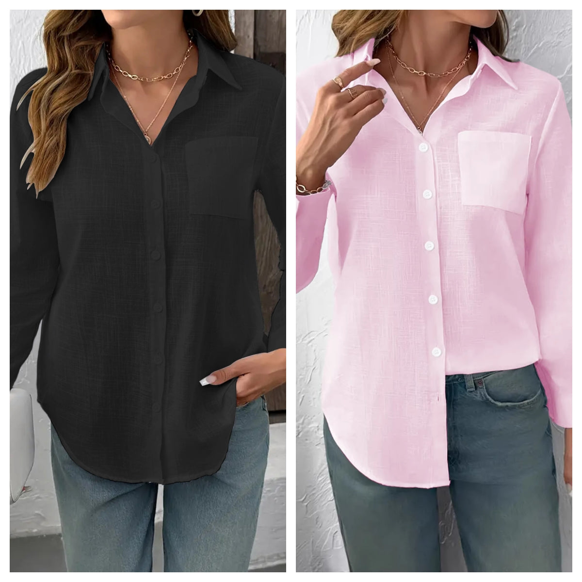 Camicetta da donna a maniche lunghe con colletto a risvolto, casual, plissettata e a vestibilità ampia