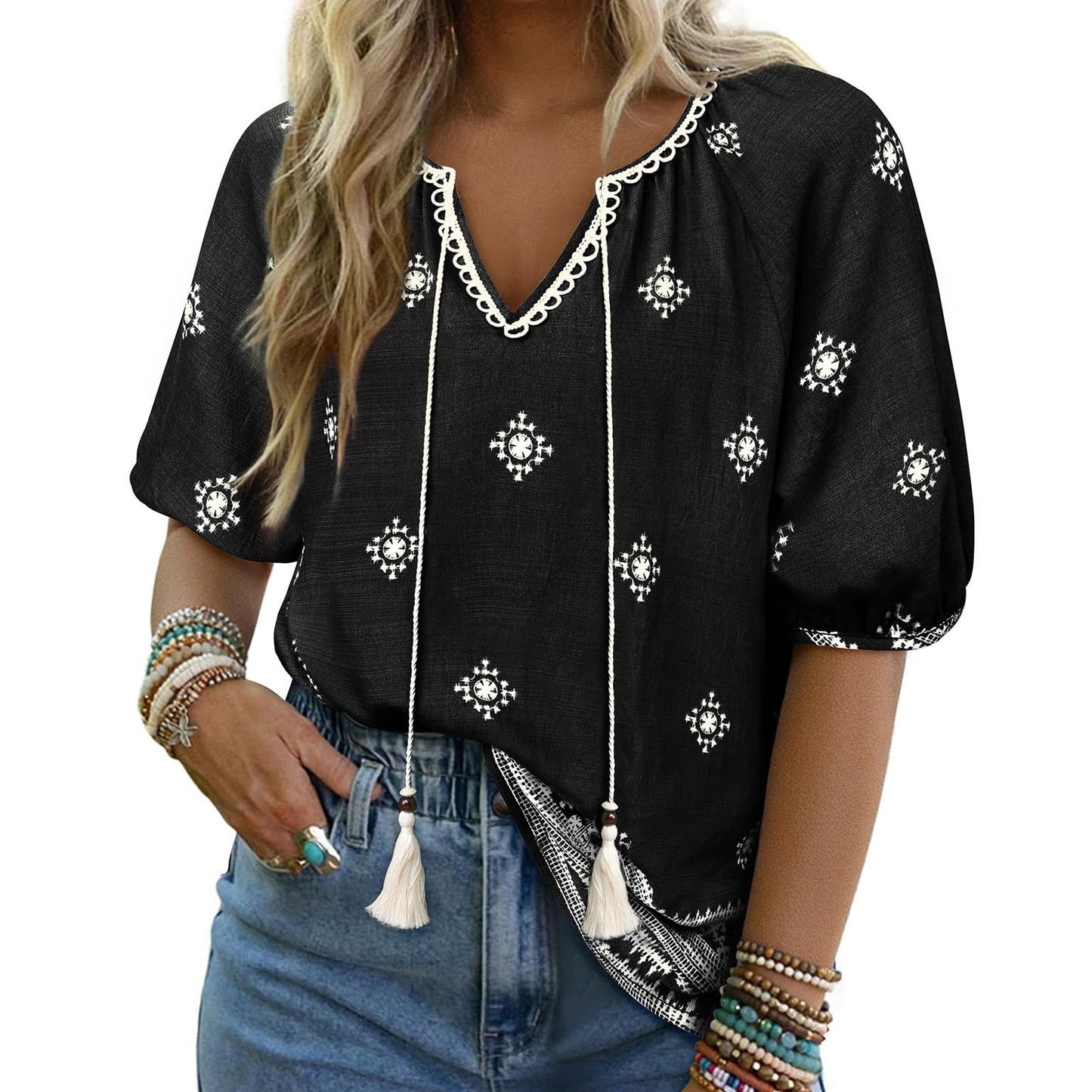 Bohemian Casual V-neck Short-sleeve Printed Blouse