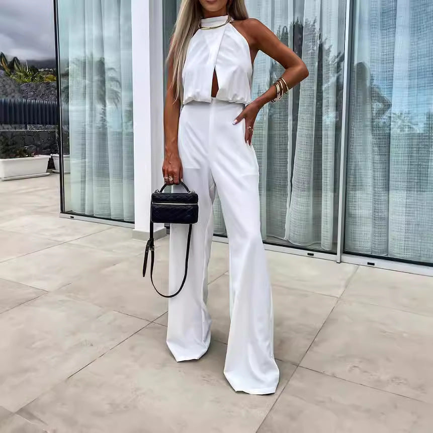Womens Sexy Fashionable High-waisted Backless Tailored Straight Jumpsuit