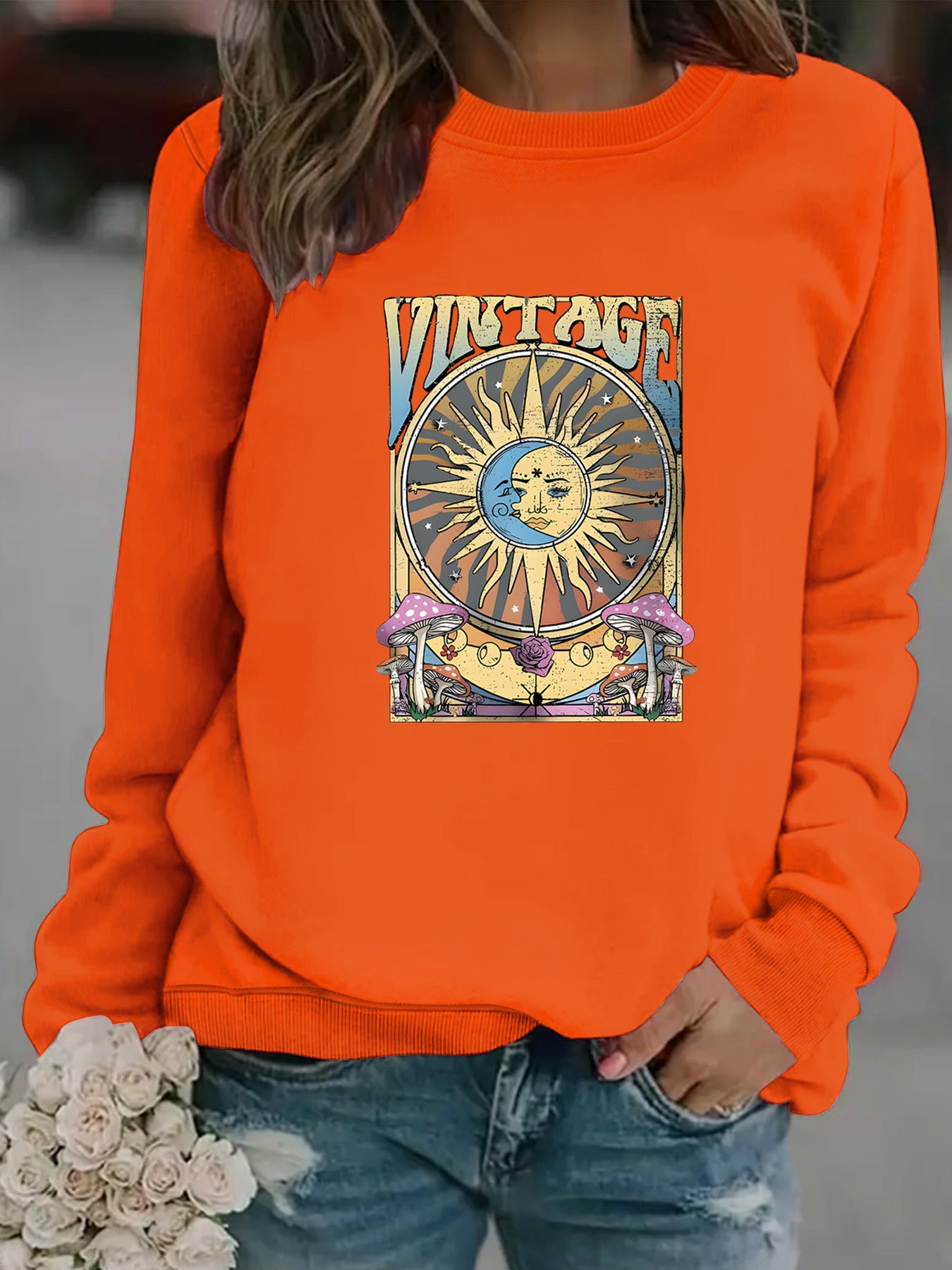 Felpa con cappuccio e stampa sole e luna, casual, a maniche lunghe, girocollo, da donna, autunno e inverno