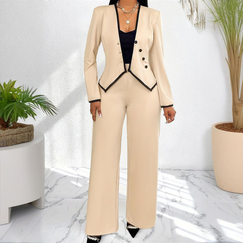 Women's Two-Piece V-Neck Long Sleeve Blouse With Contrast Trim & Straight Leg Wide Pants Set - Office Wear Suit For Spring&Fall