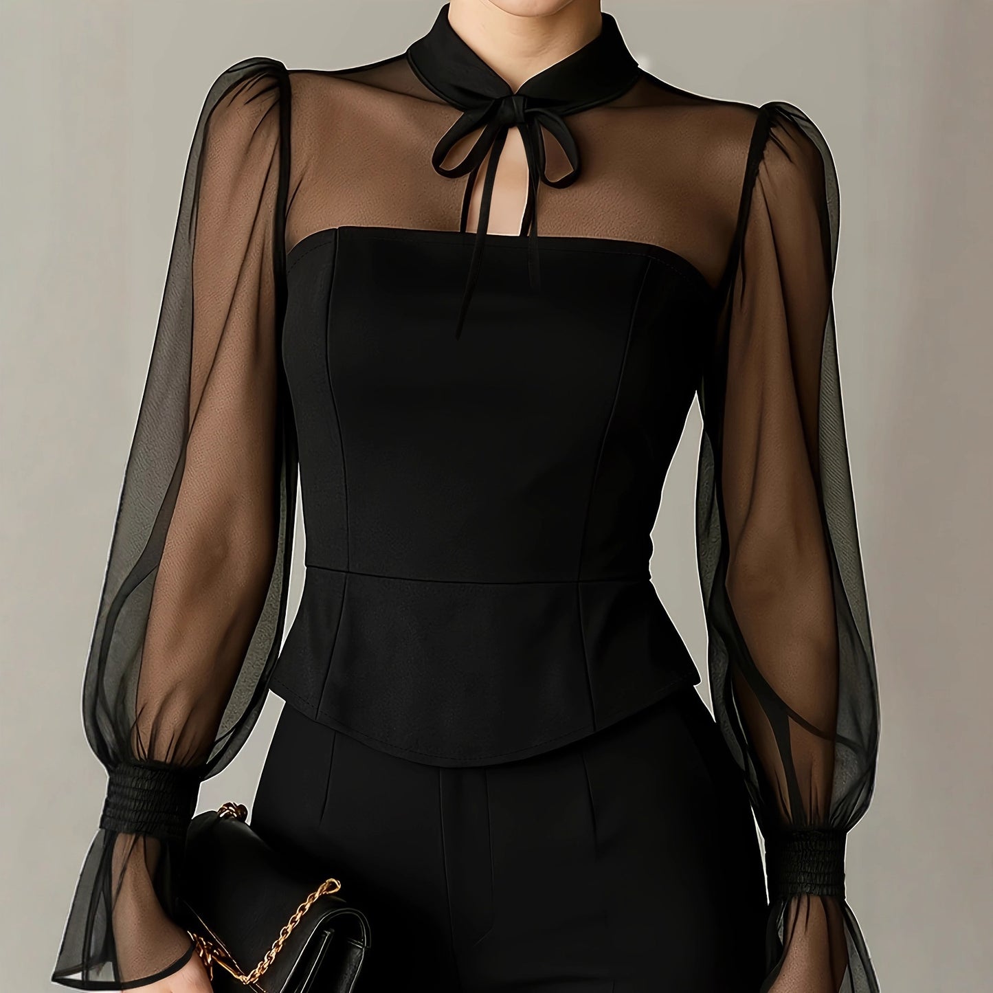 Stylish New Womens Blouse With An Elegant Puff-sleeve Neckline And Tie Detailing
