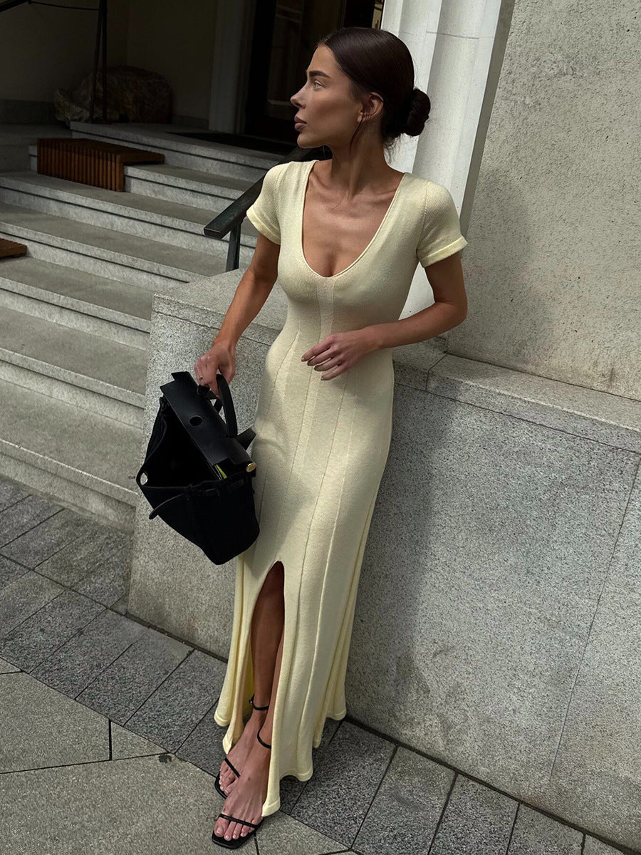 V-neck Slit Short Sleeved Knitted Dress