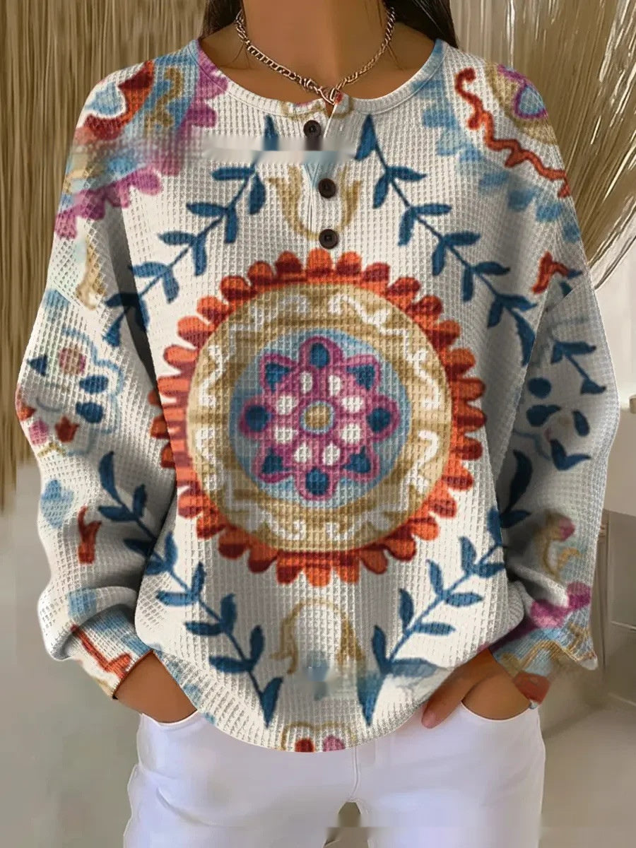 Maglietta da donna con stampa digitale 3D geometrica retrò e colletto alla coreana a tre bottoni