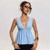 Top smanicato scollato a V profonda, senza schienale, in pizzo, allacciato, stile francese chic