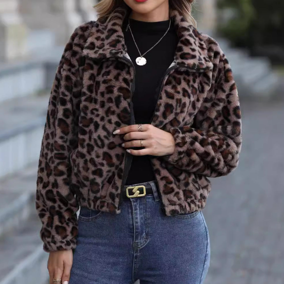 Women's Autumn And Winter Loose Long-sleeve Zipper Leopard Print Plush Coat