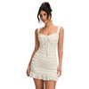 Womens Solid-Color Fashion Wave-Pattern Lace-Up Halter Strap Dress