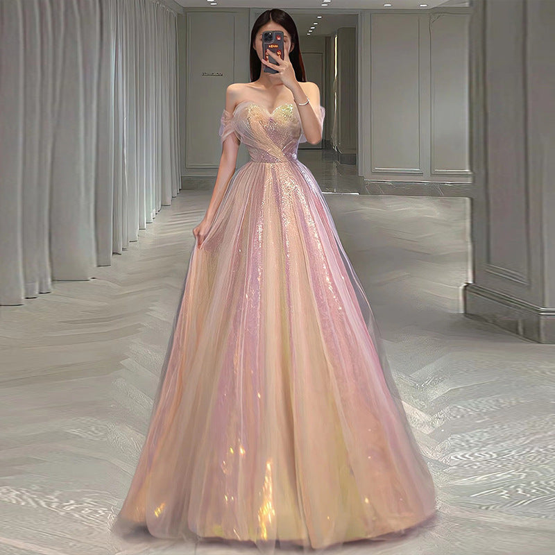 Abito da sera da donna a sirena con spalle scoperte, per banchetti e feste annuali, in nuova maglia modellante